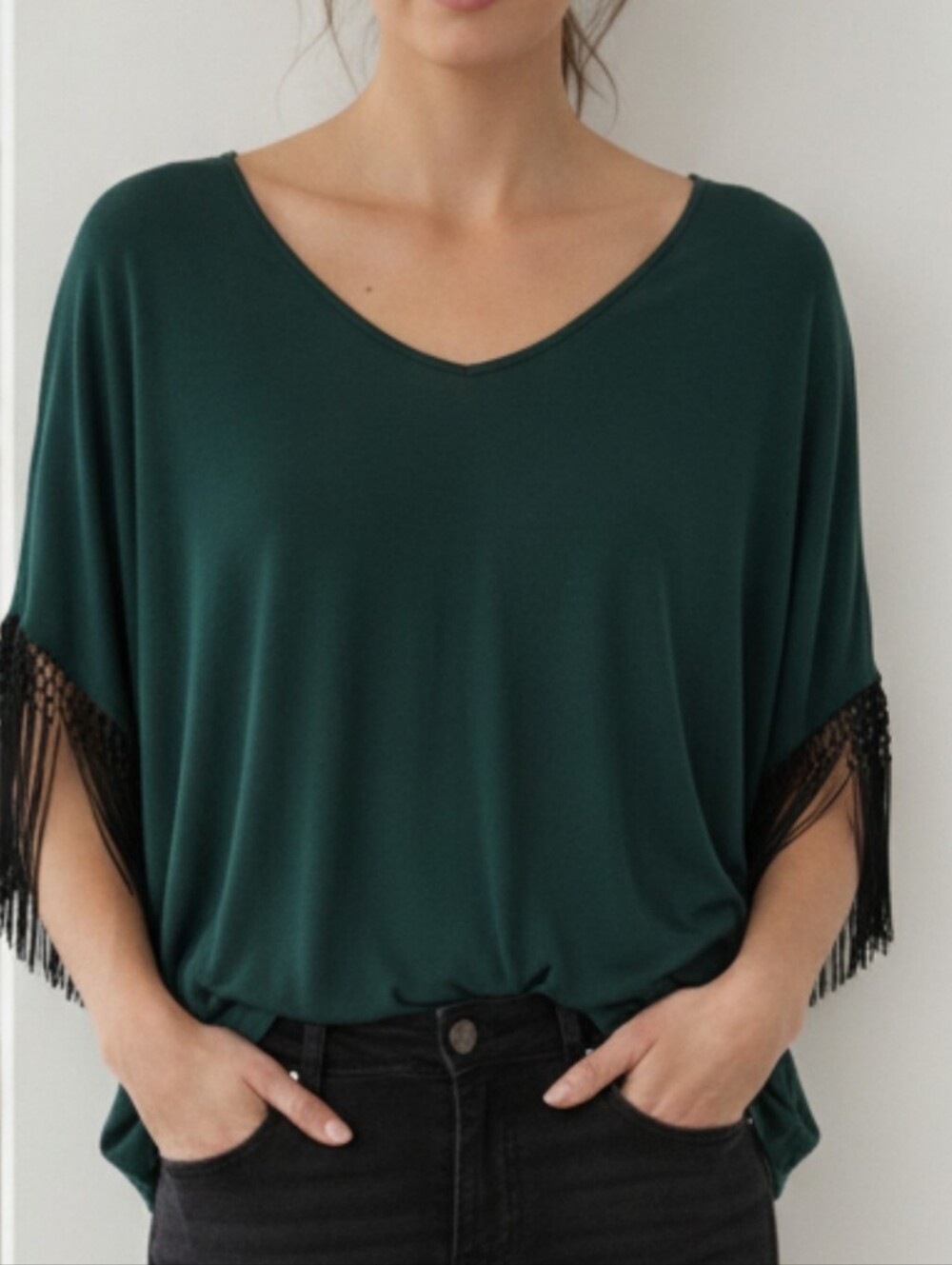 Forest Green V-Neck Top with Black Fringe Sleeve Trim - Loose Fit - L